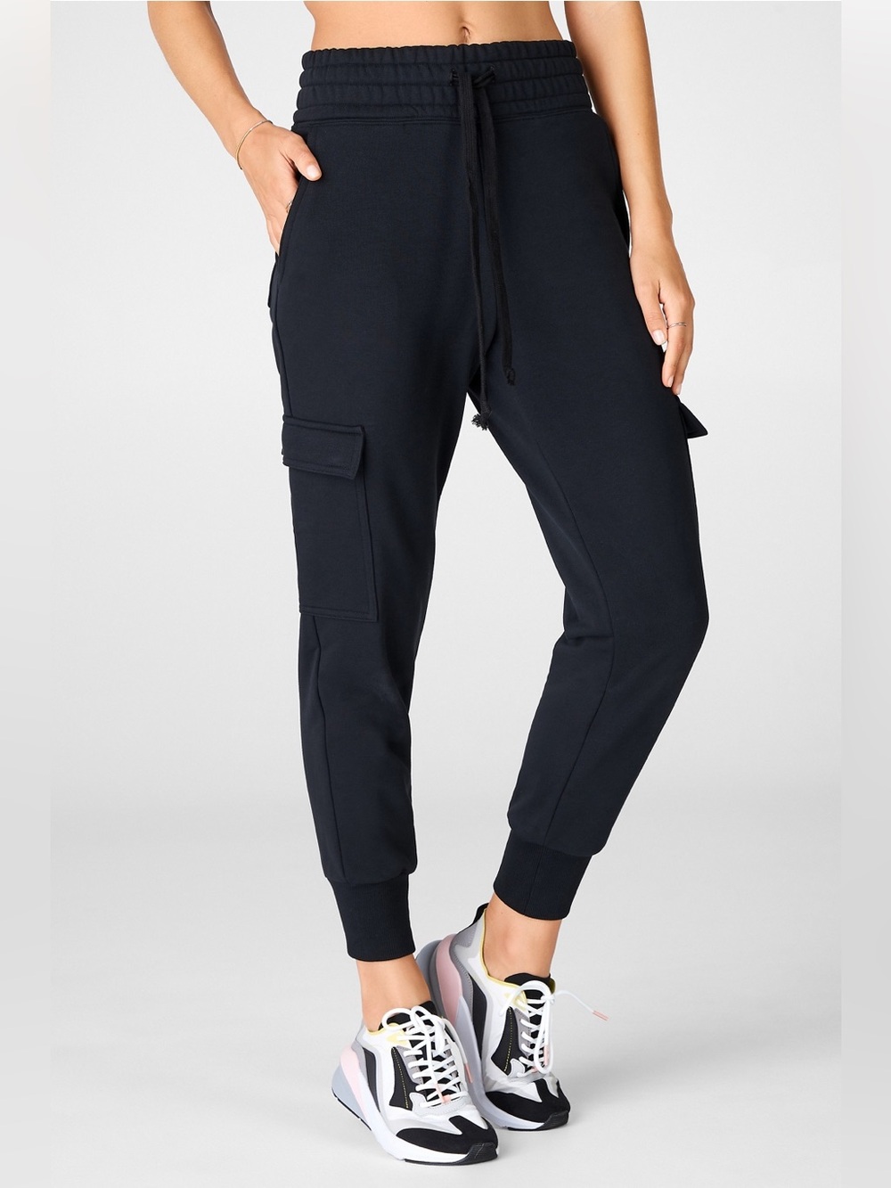 Fabletics Women's Black Cargo Jogger Pants Comfortable Drawstring Waist, Size L